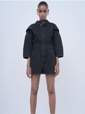 Zara Black Denim Jean Romper Long Sleeve Size US Small